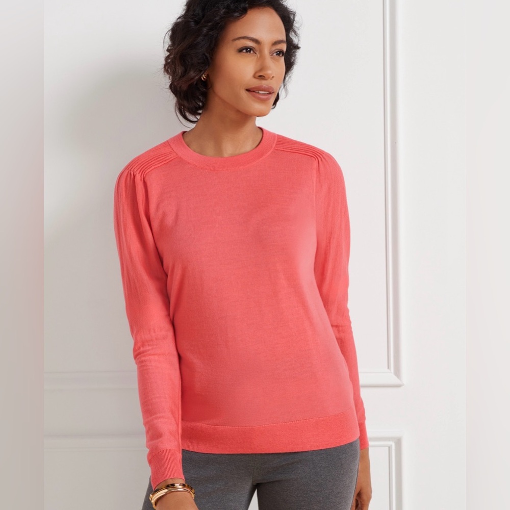 Talbots 100% Merino Wool Pleated Shoulder Sweater Coral Pink Women’s Medium - Picture 9 of 9